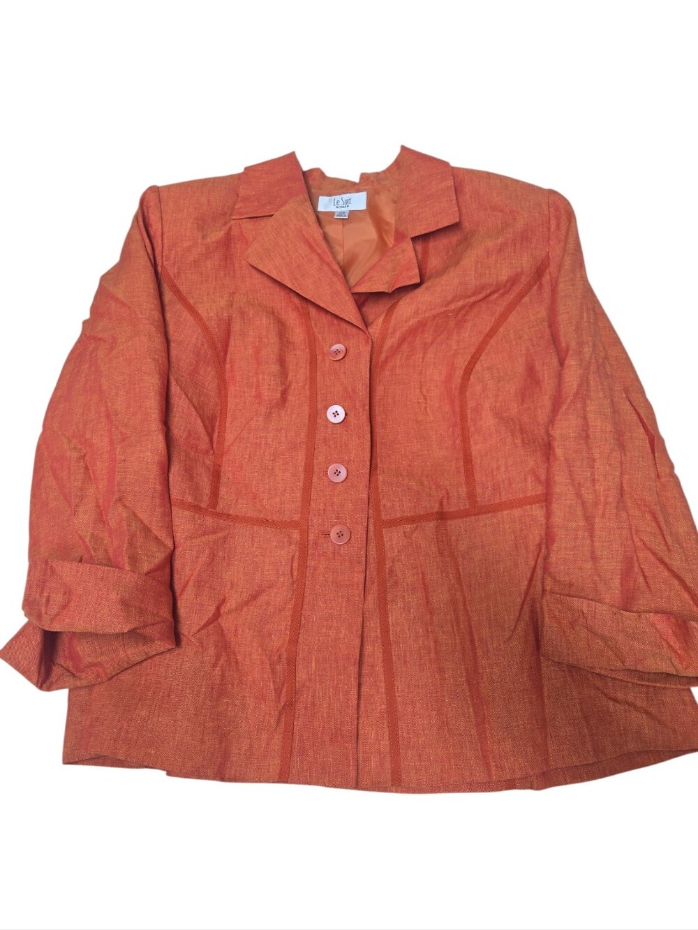 Le Suit Womens 22W Orange 100% Linen  Lined Button Blazer